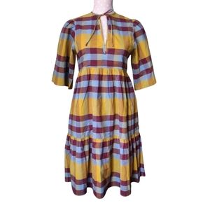 SUNSHINE TIENDA Bondi Dress S Plaid Multicolor Cotton Tie Neck Peasant Pullover